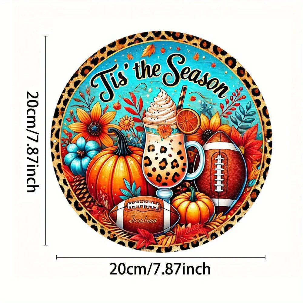 "Autumn Leopard Print Football Pumpkin Aluminum Sign – Wall Hanging Decor & Festive Wreath Accent | Perfect for Home Decor"