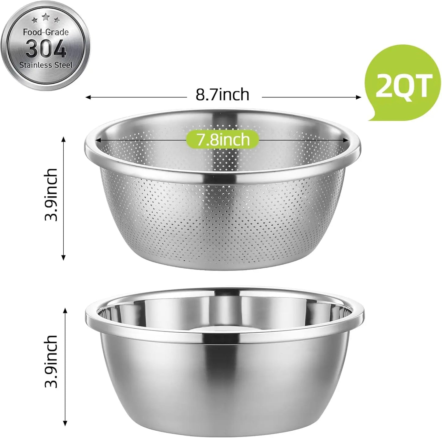 304 Stainless Steel Colander Microporous with Mixing Bowls, 2-Quart Strainers and Colanders for Kitchen, Food-Grade Strainer for