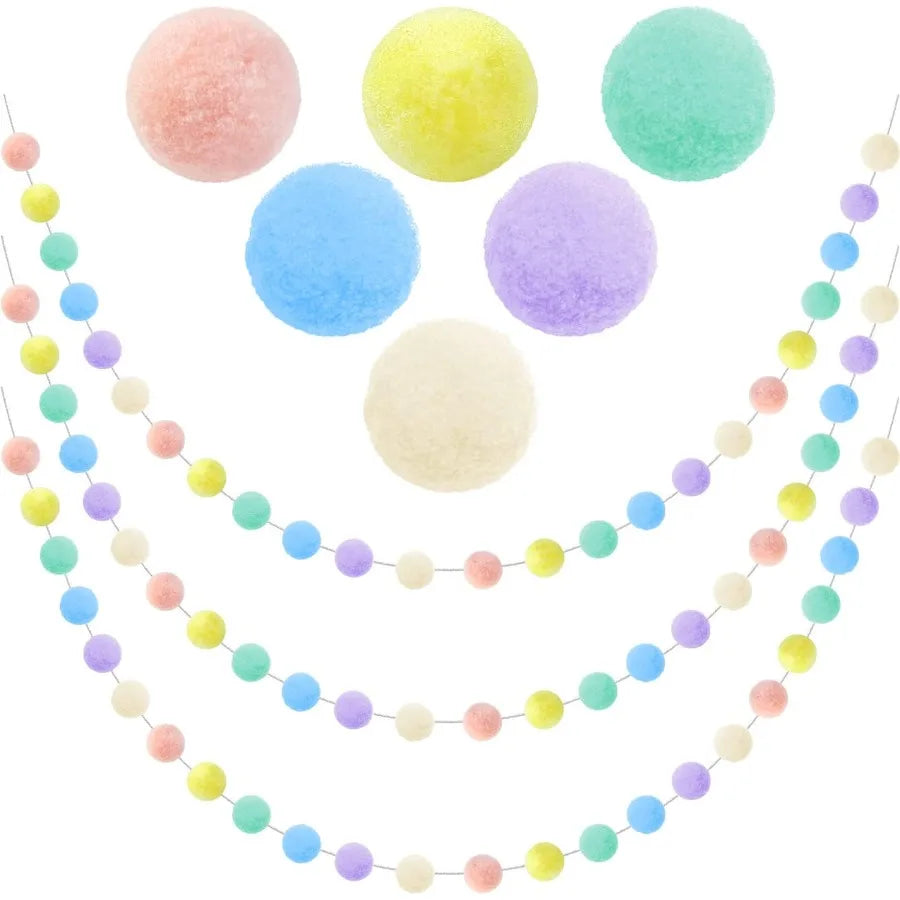 3pk Pastel Pom Pom Garland Easter Decorations Spring Home Decor Indoor Living Room Wall Classroom Xmas Tree Cute Hanging Rainbo