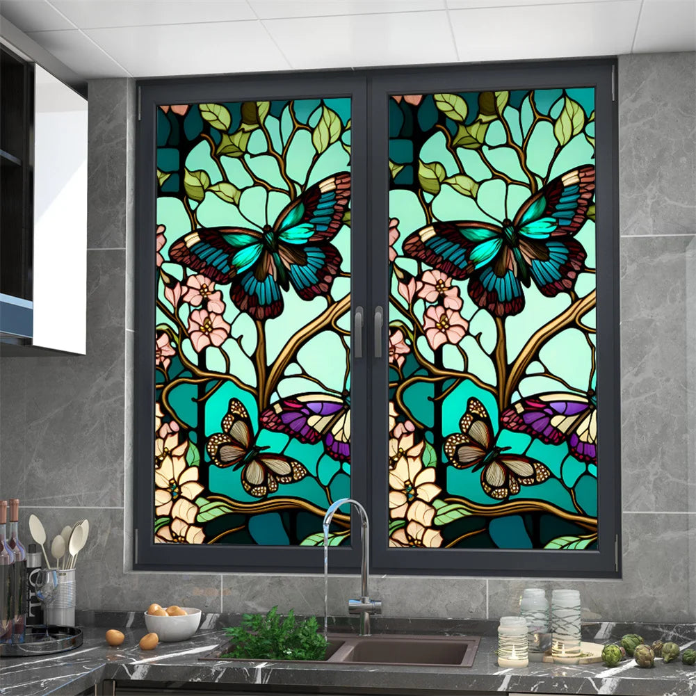 1 Sheet Window Privacy Film Floral, Removable Butterfly Window Stickers Privacy Decor Glass Window Cling Decals for Bathroom