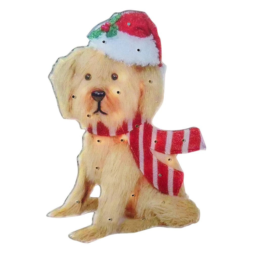 Mimic Dog Shape Sign Waterproof Light Up Puppy Figurine Wearing Xmas Hat Acrylic for Home Garden Front Pathway Walkway