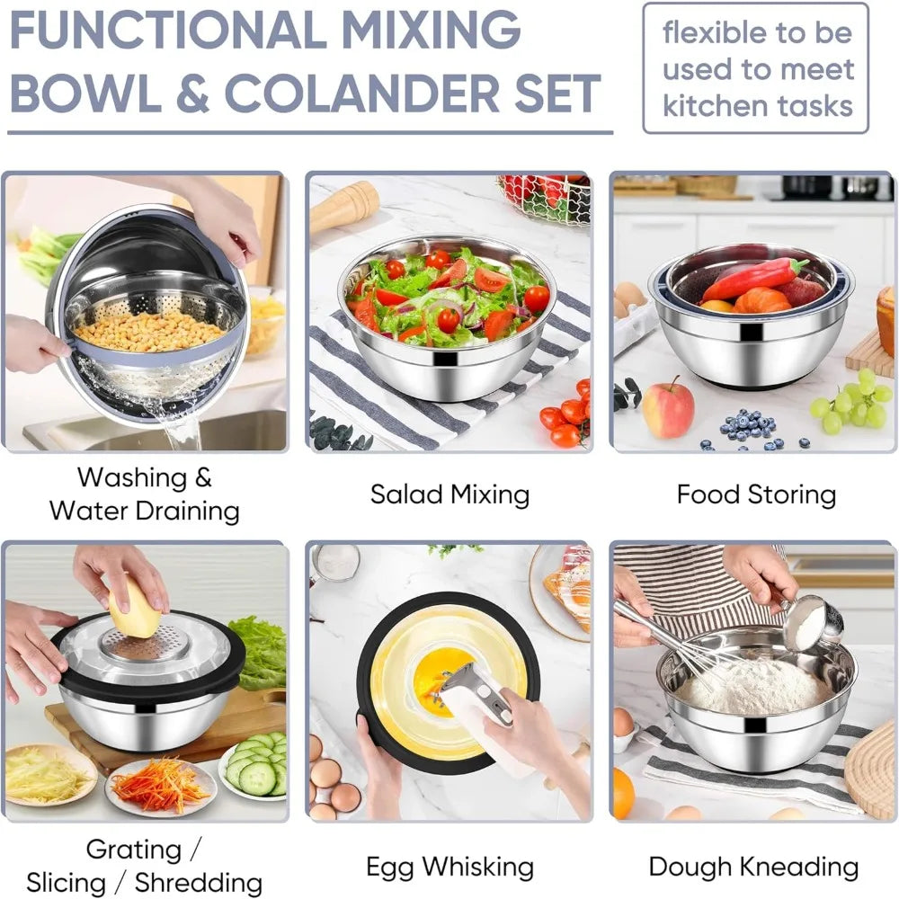 4-1 Colander with Bowl Set, Rotatable Colander for Kitchen, Stainless Steel Food Strainers and Colanders Mixing Bowl with Grate