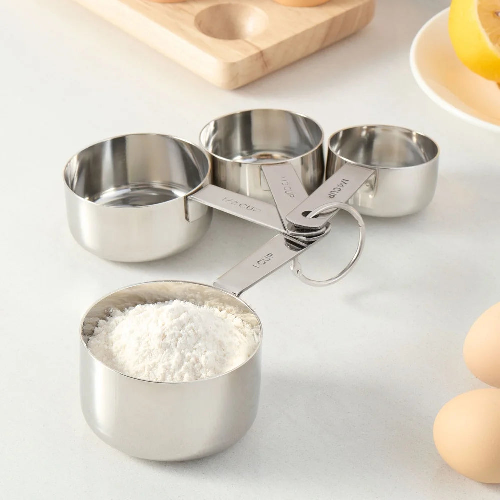 Stainless Steel Nesting Measuring Cups Set of 4 with Handles Locking Ring Engraved Sizes Baking Cooking and Food Preparation