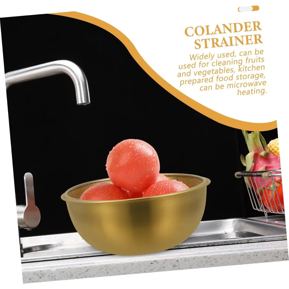 1 Set Stainless Steel Colander and Bowl Set Fine Mesh Strainer with Gold Bowl Compact Kitchen Drainage for Rinsing Fruits Veget
