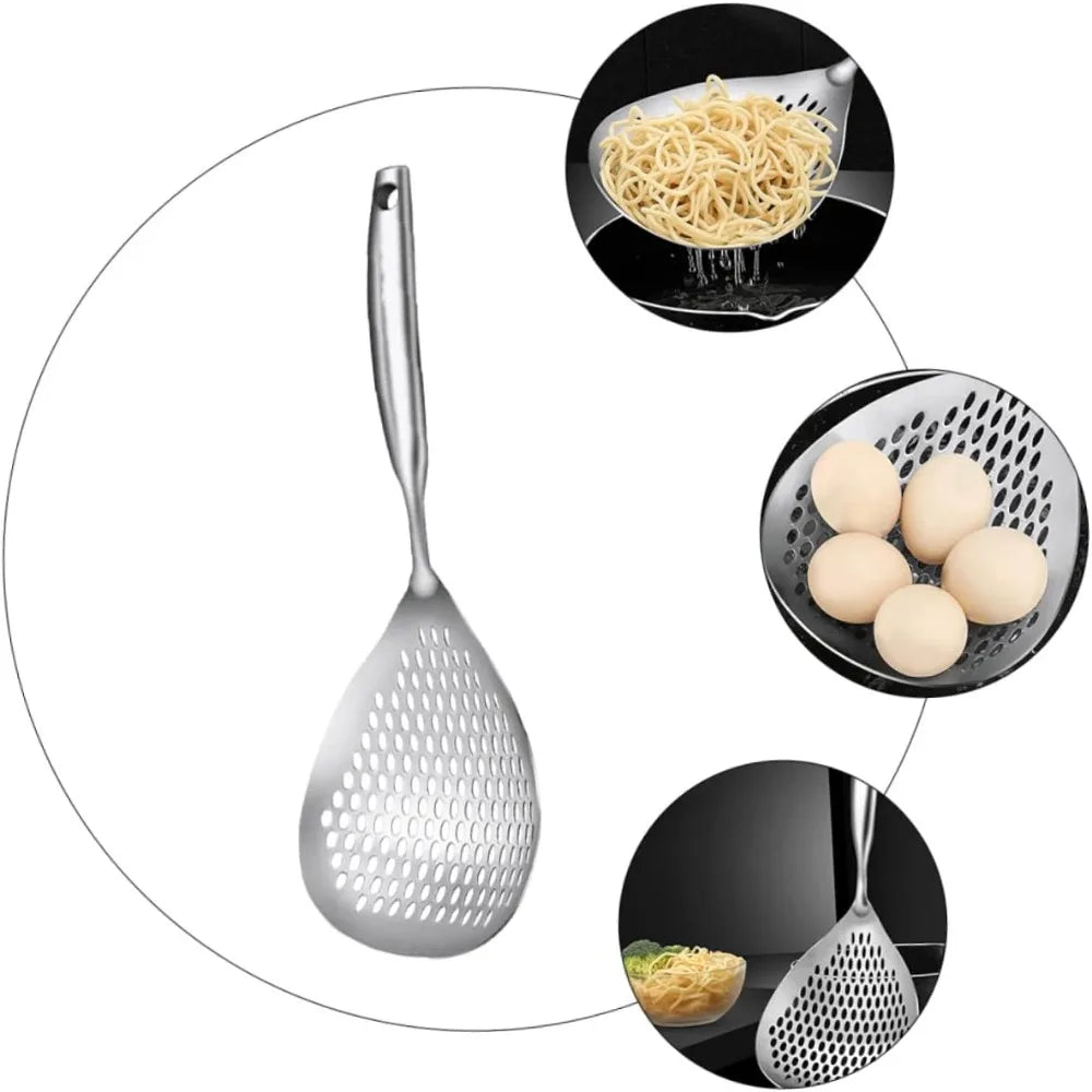 Large 304 Stainless Steel Noodle Colander Spoon Sturdy Kitchen Strainer Comfortable Grip for Home Cooking and Noodle Preparatio
