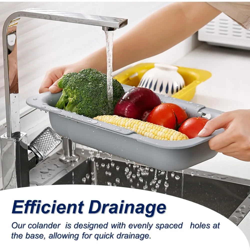 Extendable Sink Colander Strainer Basket - Wash Vegetables and Fruits, Drain Cooked Pasta and Dry Dishes - Adjustable Over the S