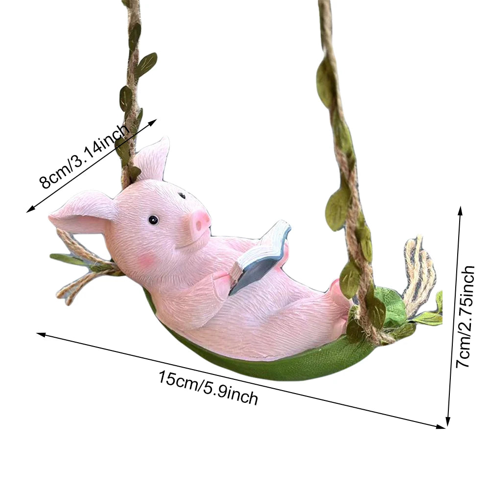 Decorative Piggy Shape Statue Waterproof Pig Swing Sculpture Ornament Lovely Pig Landscape for Outdoor Balcony Patio Tree Decor