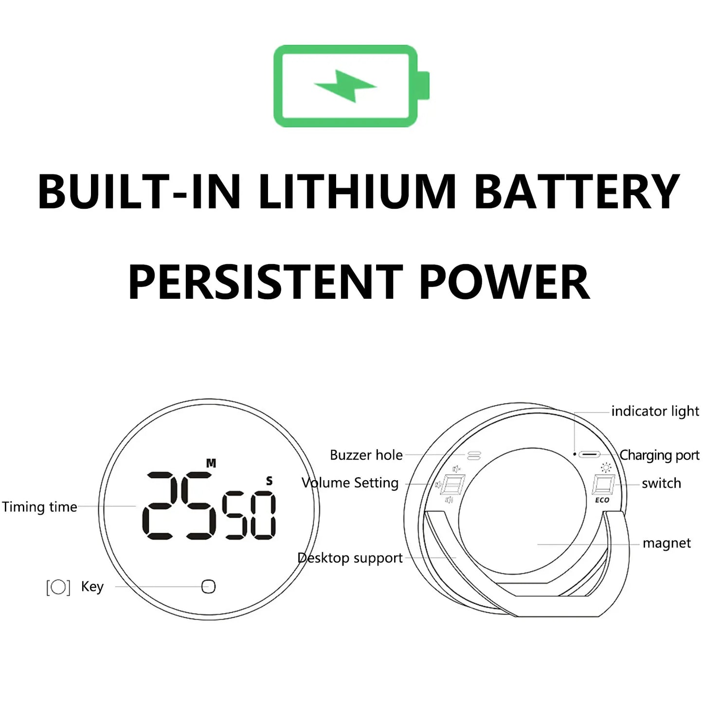 LED Digital Electronic Timer USB Rechargeable Magnetic Shower Study Stopwatch 3-Level Volume Back Bracket Design Kitchen Tools