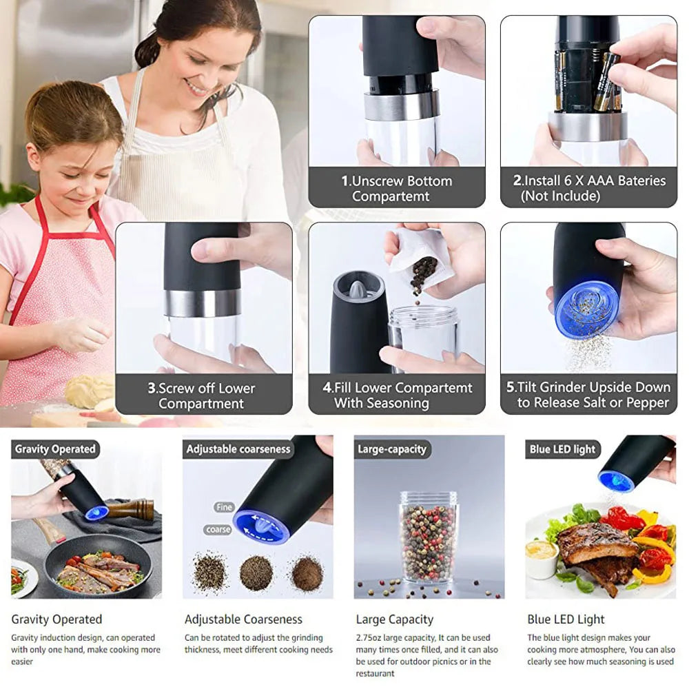 Winholder Gravity Electric Pepper and Salt Grinder Mill Adjustable Coarseness Battery Powered with Blue LED Light
