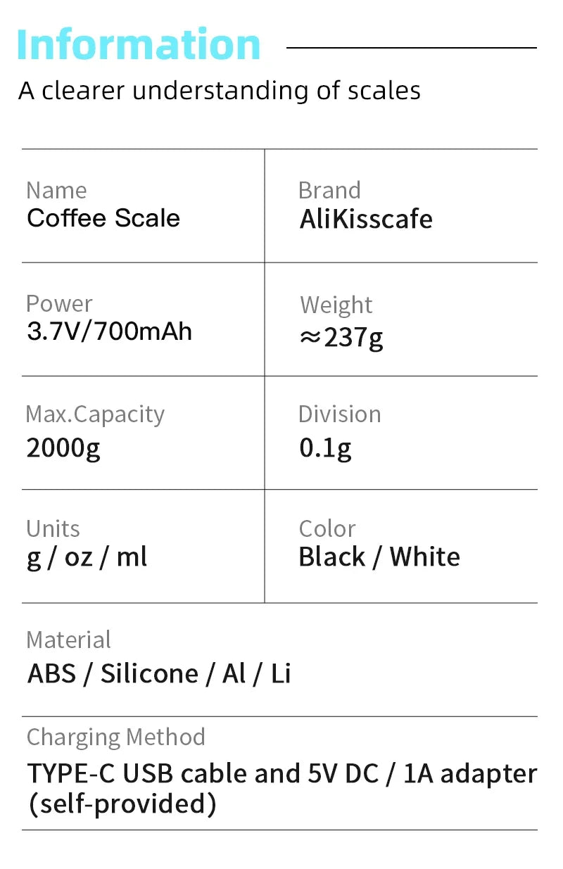 AliKisscafe Kitchen Coffee Scale Digital Scale With Timer Rechargeable Electronic Precision Espresso Accessory Barista Tool Gift