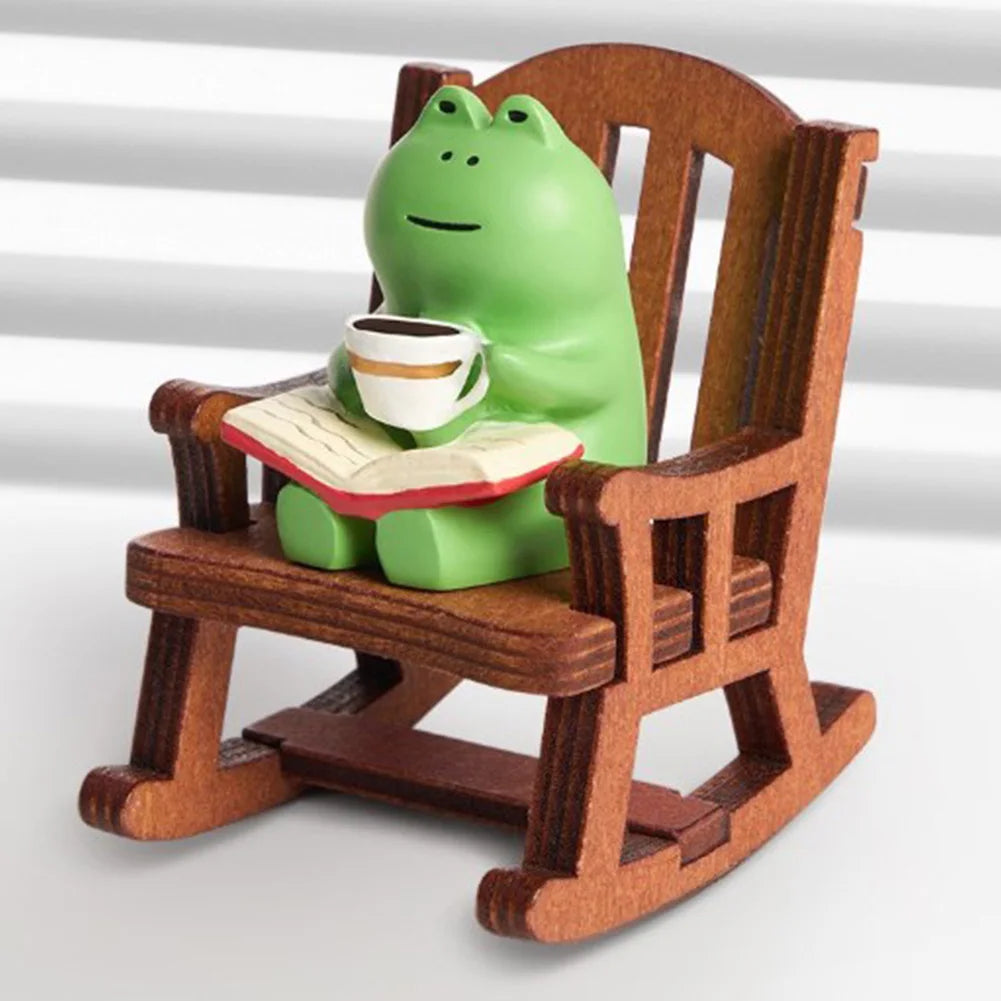 Handmade DIY Micro Rocking Chair Rocking Chair Design with Book Coffee Cute Frog Fat Miniature Home Bedroom Office Decoration