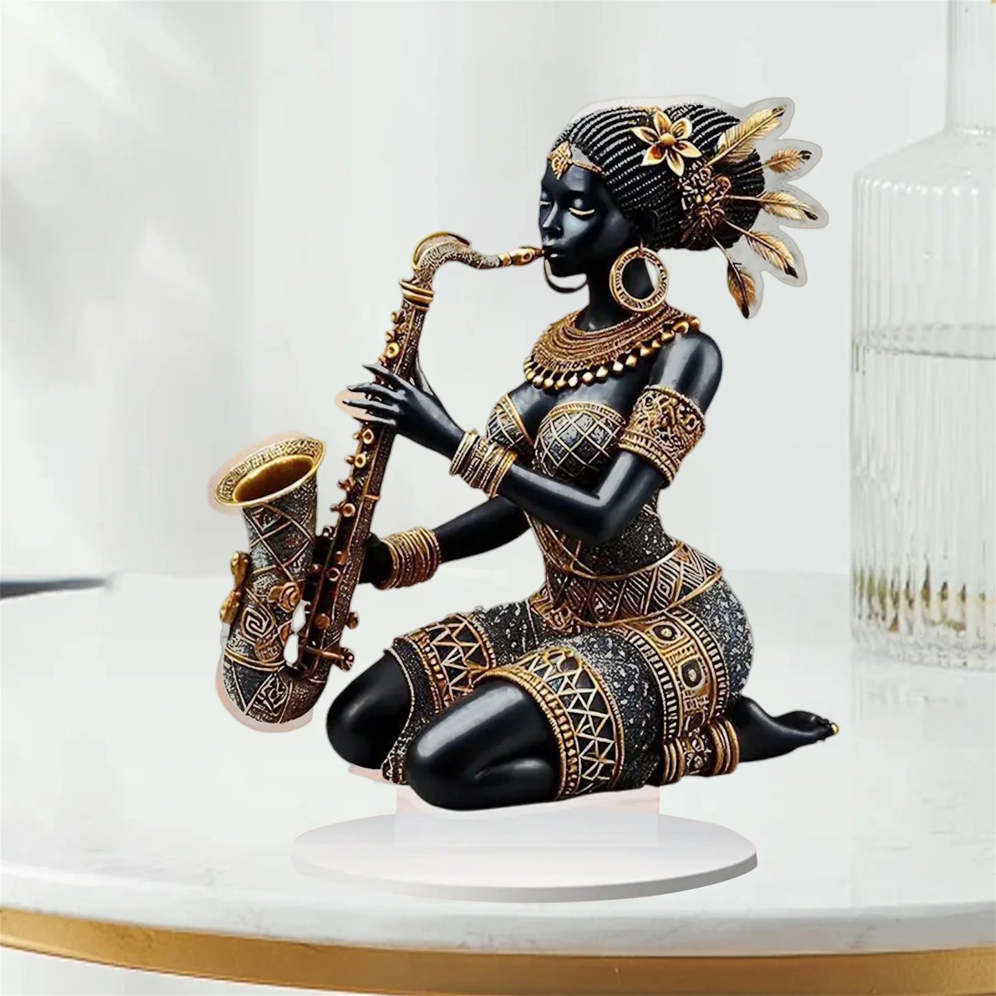 African Lady Figurine Sculpture with Saxophone Musical Instrument Handcrafted Tribal Art Statue for Home Office Decor and