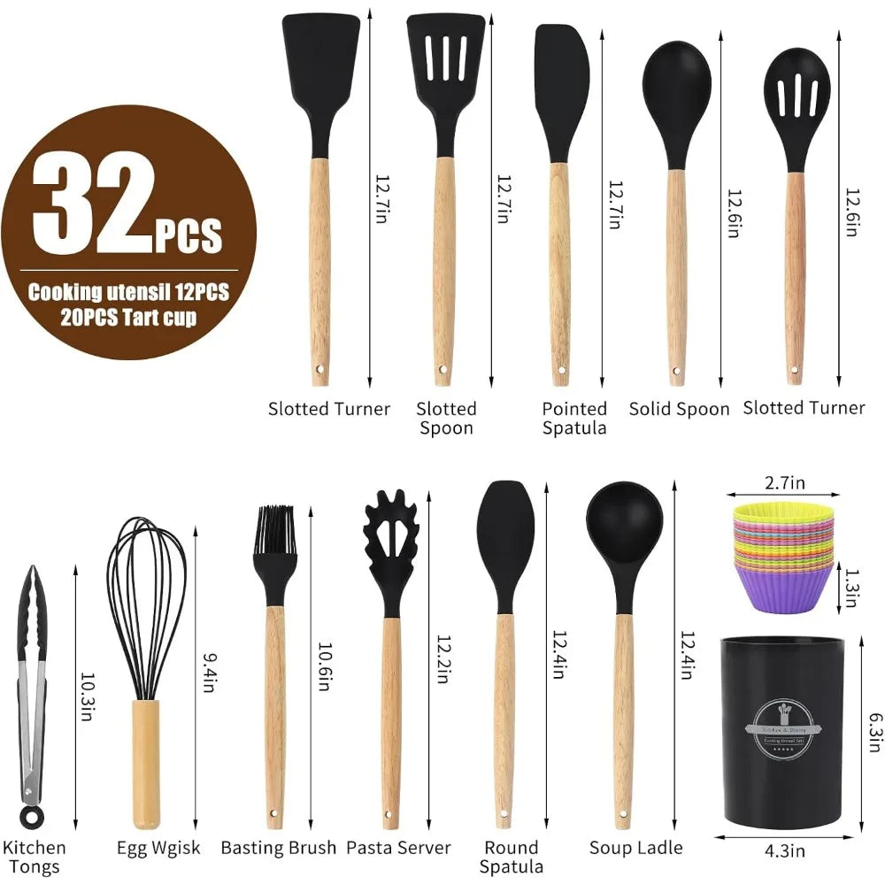 32-piece kitchen utensil set with reusable silicone baking cups - food-grade silicone, bpa-free, comprehensive cooking tools.