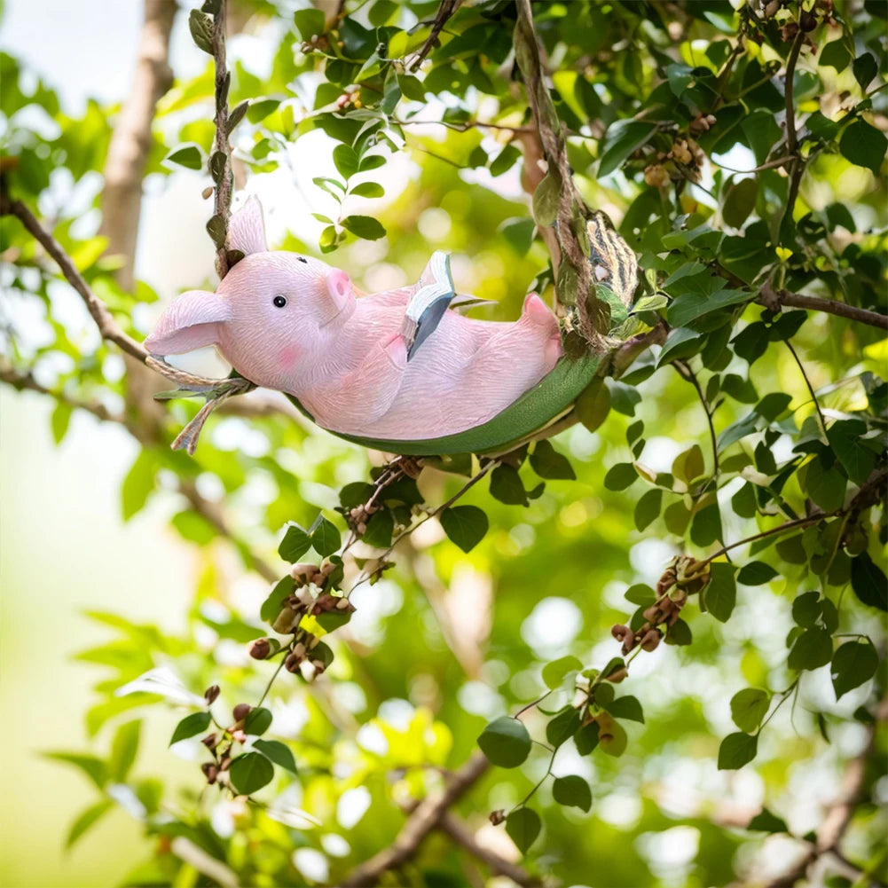 Decorative Piggy Shape Statue Waterproof Pig Swing Sculpture Ornament Lovely Pig Landscape for Outdoor Balcony Patio Tree Decor