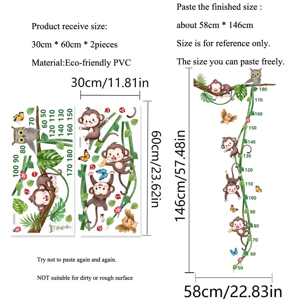 Monkey Vine Height Scale Wall Sticker Cartoon Kids Room Decoration Mural For Children Bedroom Home Decor Self-adhesive Wallpape
