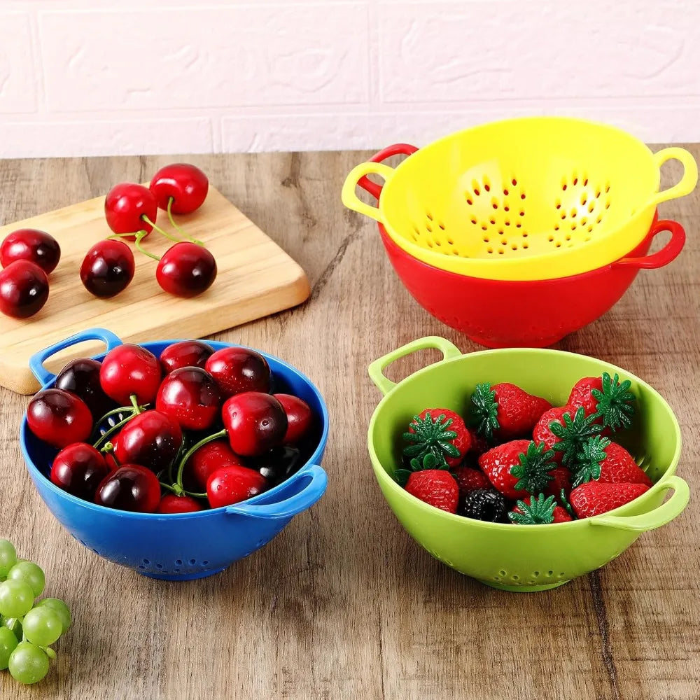 4 Pack Mini Colander for Kitchen Plastic Berry Strainer with Double Handles 7.5 x 6 x 3 Inch Small Colander Strainer for Fruits