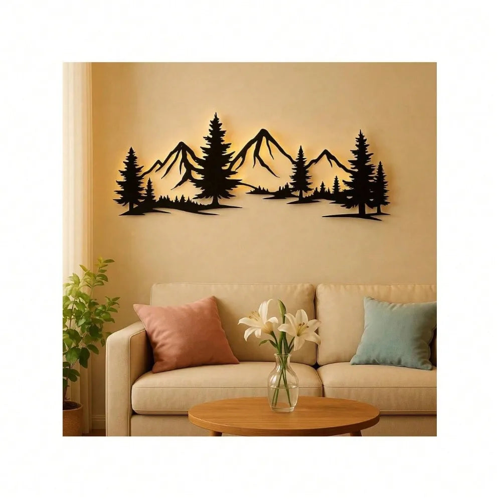 1PC Mountain and Forest Metal Wall Art – Black Modern Farmhouse Decor for Living Room & Bedroom | Nature-Inspired Rustic Hanging