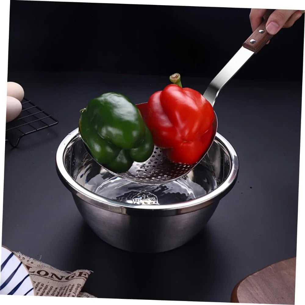 Stainless Steel Slotted Spoon Wooden Handle Food Serving Strainer for Hot Pot and Frying Kitchen Colander for Pasta and Oil Drai