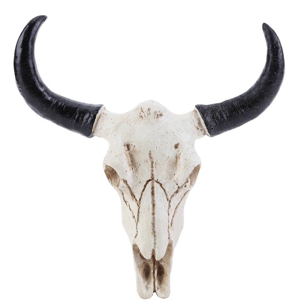 Creative Horns Skull Ornament Resin Longhorn Cow Skull Head Wall Hanging Ornament 3D Figurines Retro Bull Skull Craft Home Decor