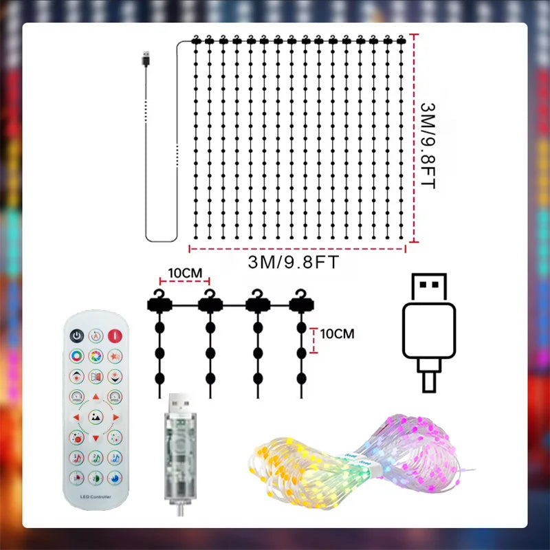 Smart LED Curtain Lights RGB Light String App Control Waterproof DIY Fairy Light USB Plug Text Pattern for Party Room Decoration