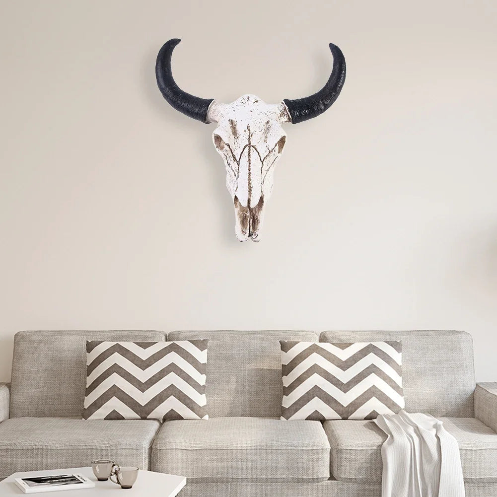 Creative Horns Skull Ornament Resin Longhorn Cow Skull Head Wall Hanging Ornament 3D Figurines Retro Bull Skull Craft Home Decor
