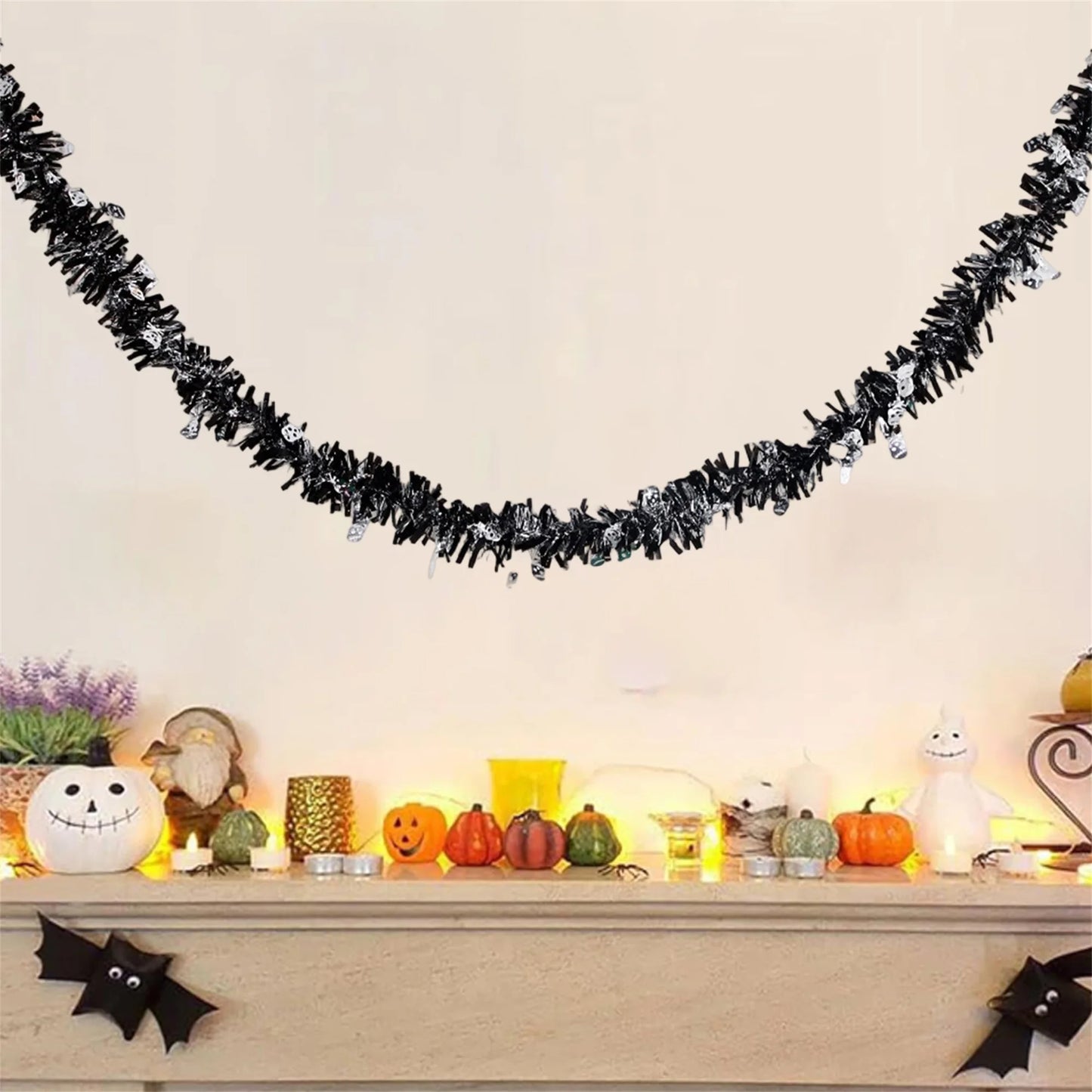 Halloween Spider Web Tinsel Garland with Ghosts Witches Spiders for Mantel Hanging Party Decorations and Wall Art