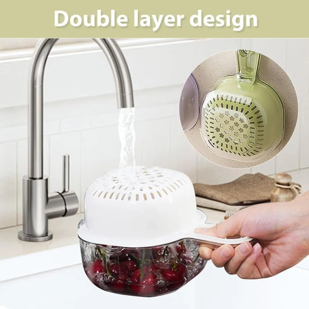 Kitchen Dual-Layer Draining Basket with Handle, Upgraded Fruit Vegetable Washing Bowl with Strainer Container, Multipurpose Port
