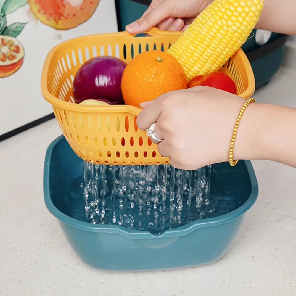 2 in 1 Plastic Vegetable Washing Basket, Carry Large Number Ingredients and Fruits, Multiple Drain Basket Kitchen Fruit Washing