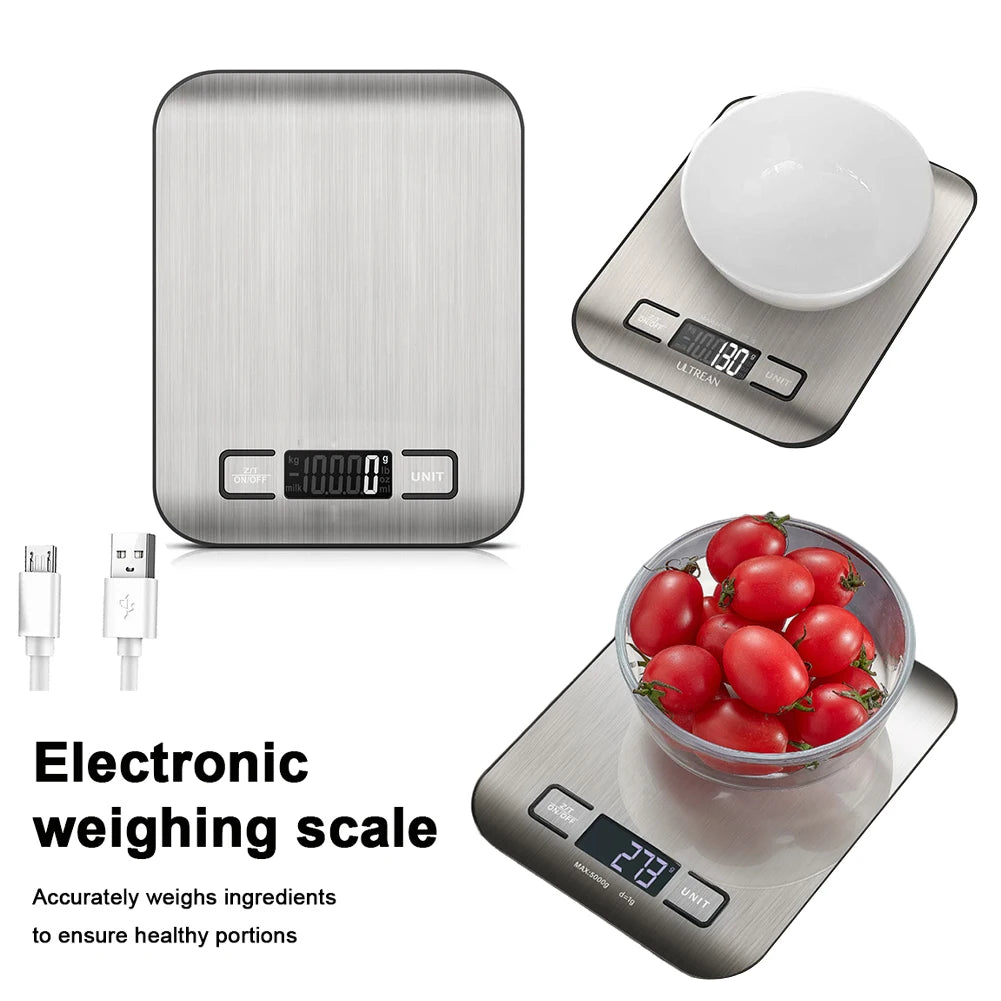 10kg Kitchen Digital Scale USB Charging LCD Display Stainless Steel Electronic Scales Jewelry Food Snacks Weighing Baking Tools