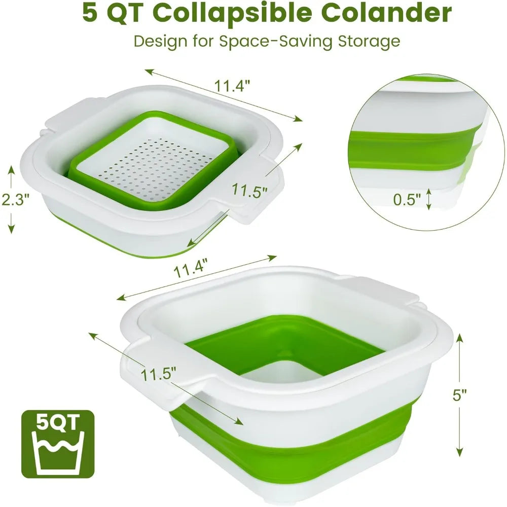 Collapsible Colander Set with Strainer Bowl, 2 in 1 Fruit Washing Basket with Strainer, 5 + 3 QT Plastic Colanders for Kitchen,