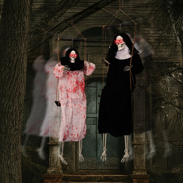 Outdoor Halloween Decorations - 2 Packs Hanging Ghosts Decor with Light-Up Eyes & Scary Scream, 3ft Grim Reaper Swinging Ghost