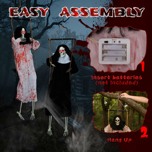 Outdoor Halloween Decorations - 2 Packs Hanging Ghosts Decor with Light-Up Eyes & Scary Scream, 3ft Grim Reaper Swinging Ghost