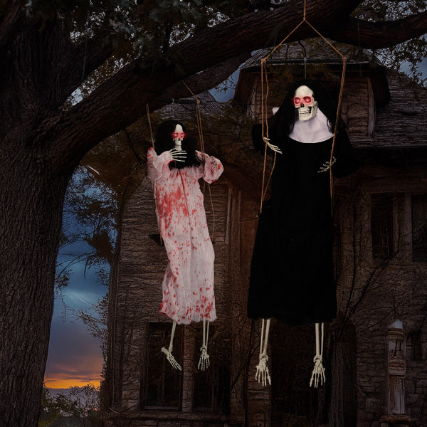 Outdoor Halloween Decorations - 2 Packs Hanging Ghosts Decor with Light-Up Eyes & Scary Scream, 3ft Grim Reaper Swinging Ghost