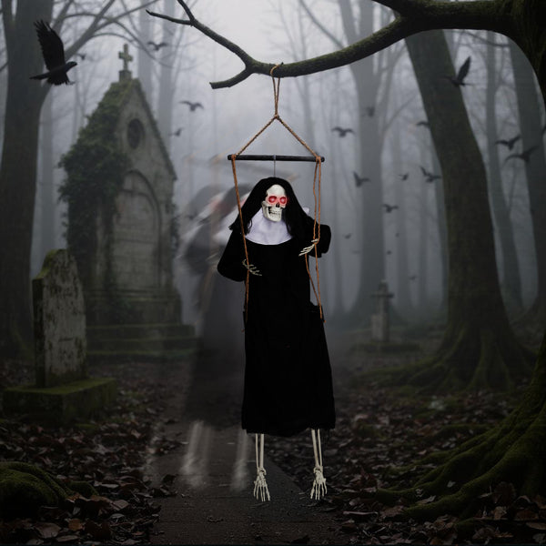 Outdoor Halloween Decorations - 2 Packs Hanging Ghosts Decor with Light-Up Eyes & Scary Scream, 3ft Grim Reaper Swinging Ghost