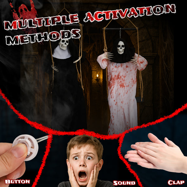 Outdoor Halloween Decorations - 2 Packs Hanging Ghosts Decor with Light-Up Eyes & Scary Scream, 3ft Grim Reaper Swinging Ghost