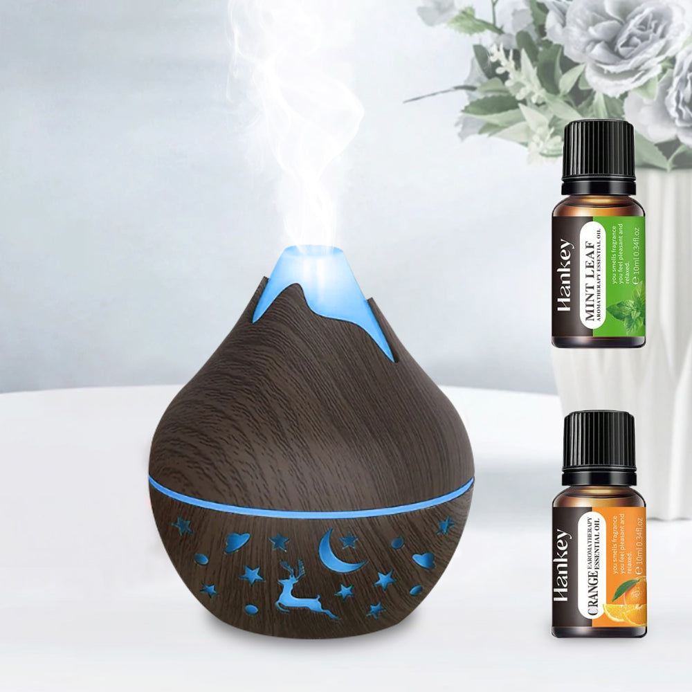 200ML USB Air Humidifier Electric Aroma Diffuser Mist Wood Grain Oil Diffuser have 7 LED Light Humidifier and two bottles of ess