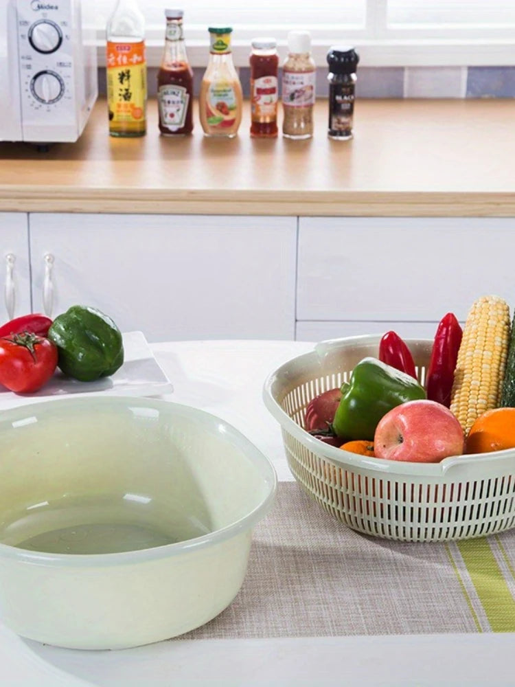 Multifunctional plastic double-layer oval drain basket, thickened kitchen drain fruit and vegetable basket, drain storage basket