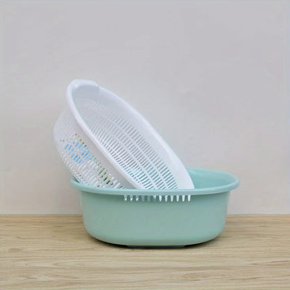 Multifunctional plastic double-layer oval drain basket, thickened kitchen drain fruit and vegetable basket, drain storage basket