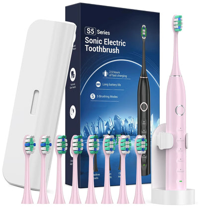 Sonic Electric Toothbrush for Adults and Ages 12+ with 8 Brush Heads, IPX7 Travel Toothbrush with Case,