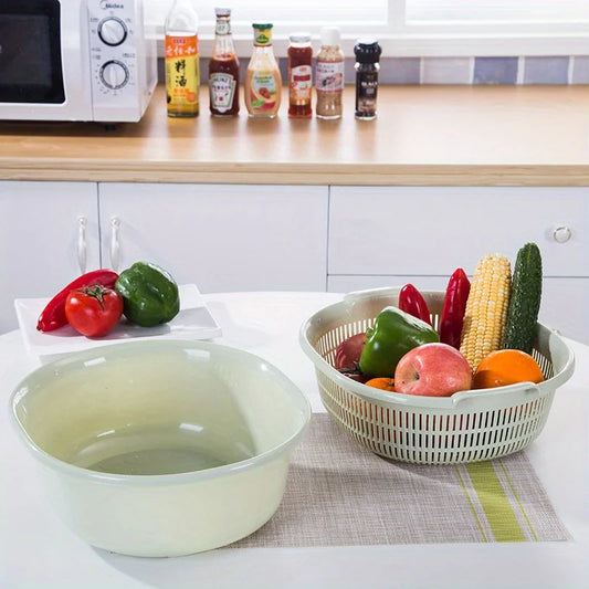 Multifunctional plastic double-layer oval drain basket, thickened kitchen drain fruit and vegetable basket, drain storage basket