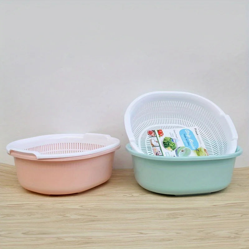 Multifunctional plastic double-layer oval drain basket, thickened kitchen drain fruit and vegetable basket, drain storage basket