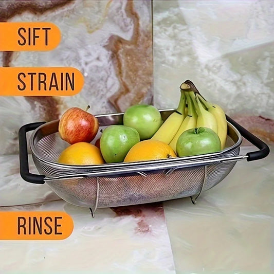 1pcs expandable stainless steel strainer with fine sieve & drain basket, perfect for vegetables & kitchen accessories