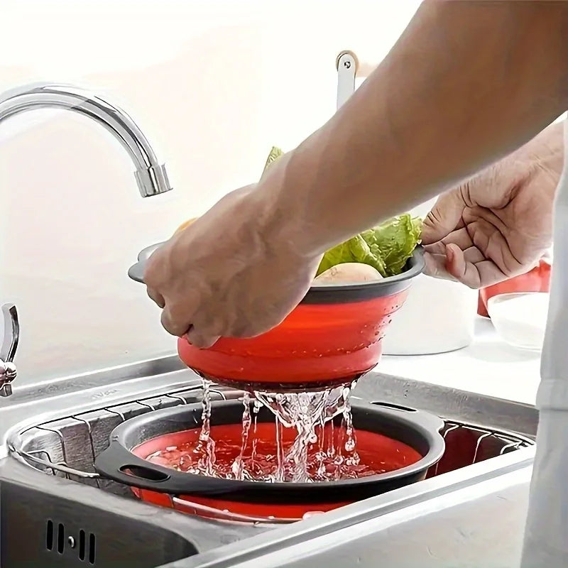 2 foldable colander sets, round silicone filter, kitchen sink filter & vegetable/fruit washing basket, perfect for draining