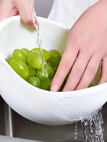 Set of 2 multifunctional kitchen washing baskets, food-safe plastic with drain holes, ideal for washing rice, veggies, fruits