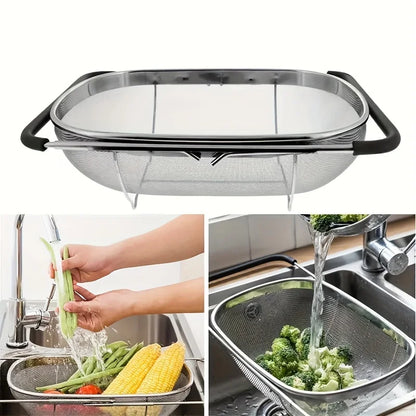 1pcs expandable stainless steel strainer with fine sieve & drain basket, perfect for vegetables & kitchen accessories