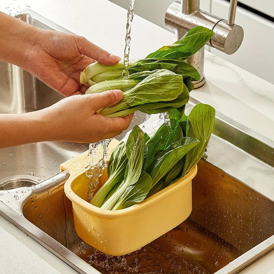 Square one-button faucet drain basket, durable plastic kitchen sink filter, high-efficiency drain hole, space-saving vegetable