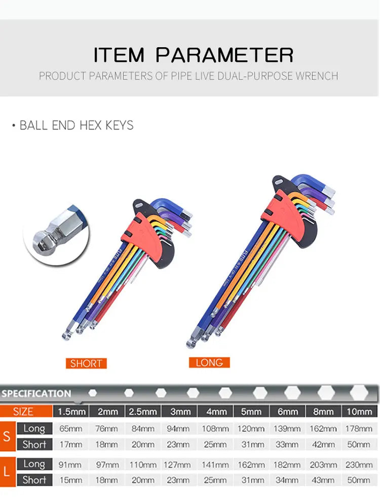 Hex Key Set Allen Wrench Long Arm 1.5-10mm Hexagon Spanner