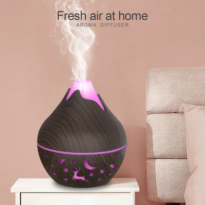 200ML USB Air Humidifier Electric Aroma Diffuser Mist Wood Grain Oil Diffuser have 7 LED Light Humidifier and two bottles of ess