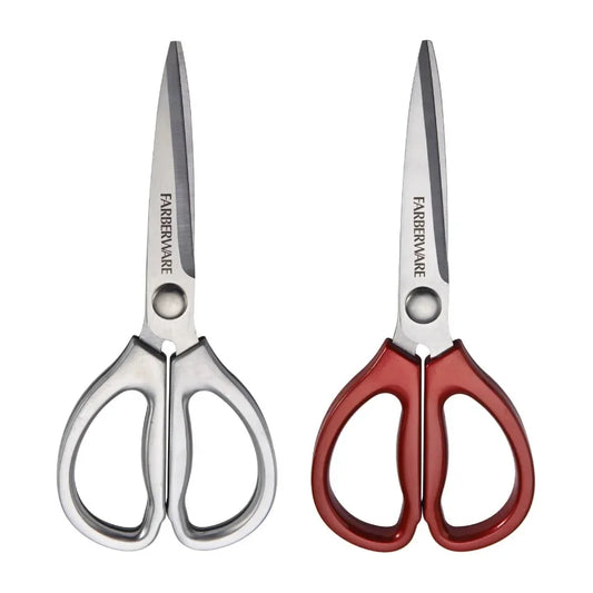 Classic 2 Piece Stainless Steel Kitchen Shear Scissor Set with Metallic Finish and Vibrant Red Handles for Efficient Cutting Pe