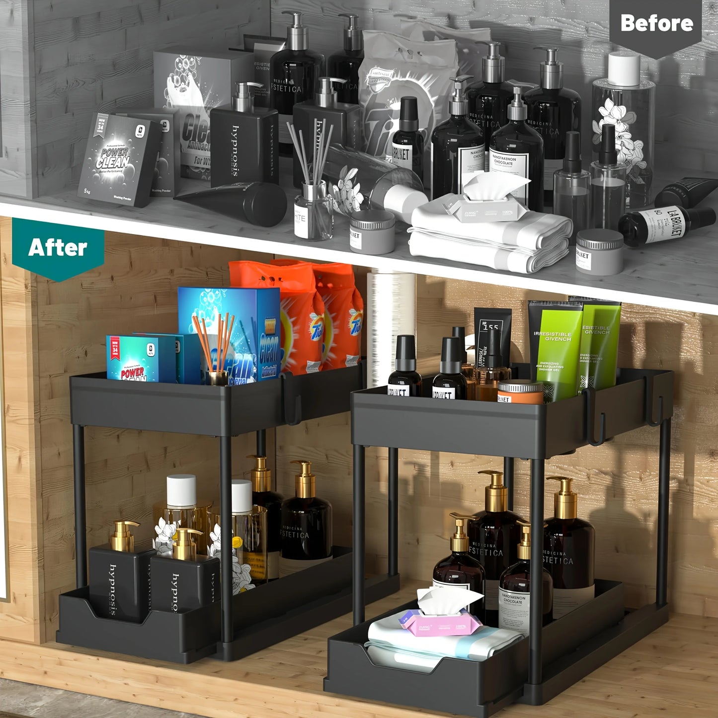 Under Sink 2 Tier Sliding Cabinet Basket Organizer Storage Rack with Hooks Hanging Cup Bathroom Multifunctional Storage Rack